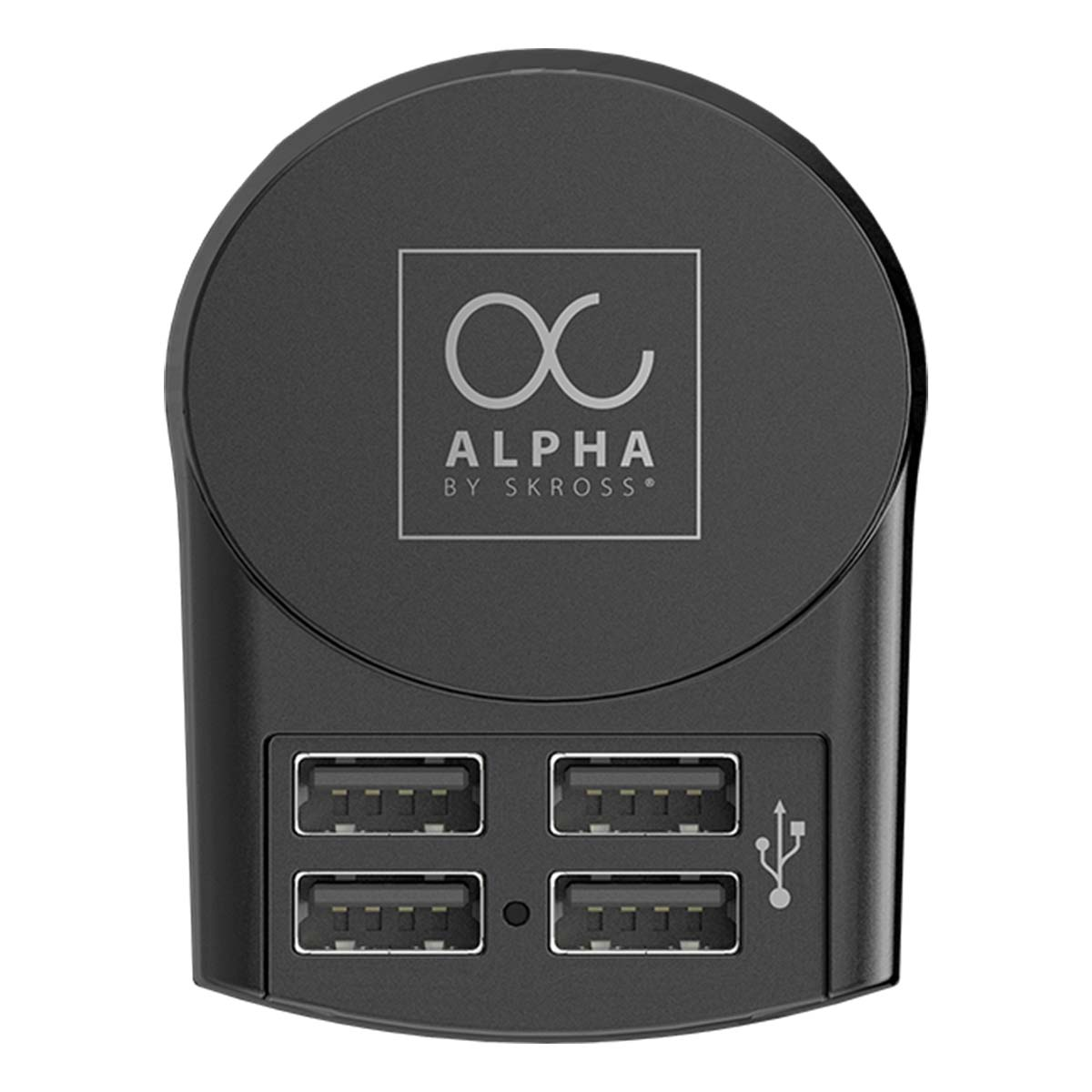 Hub USB negro con cuatro puertos y el logo de Alpha by Skross.
