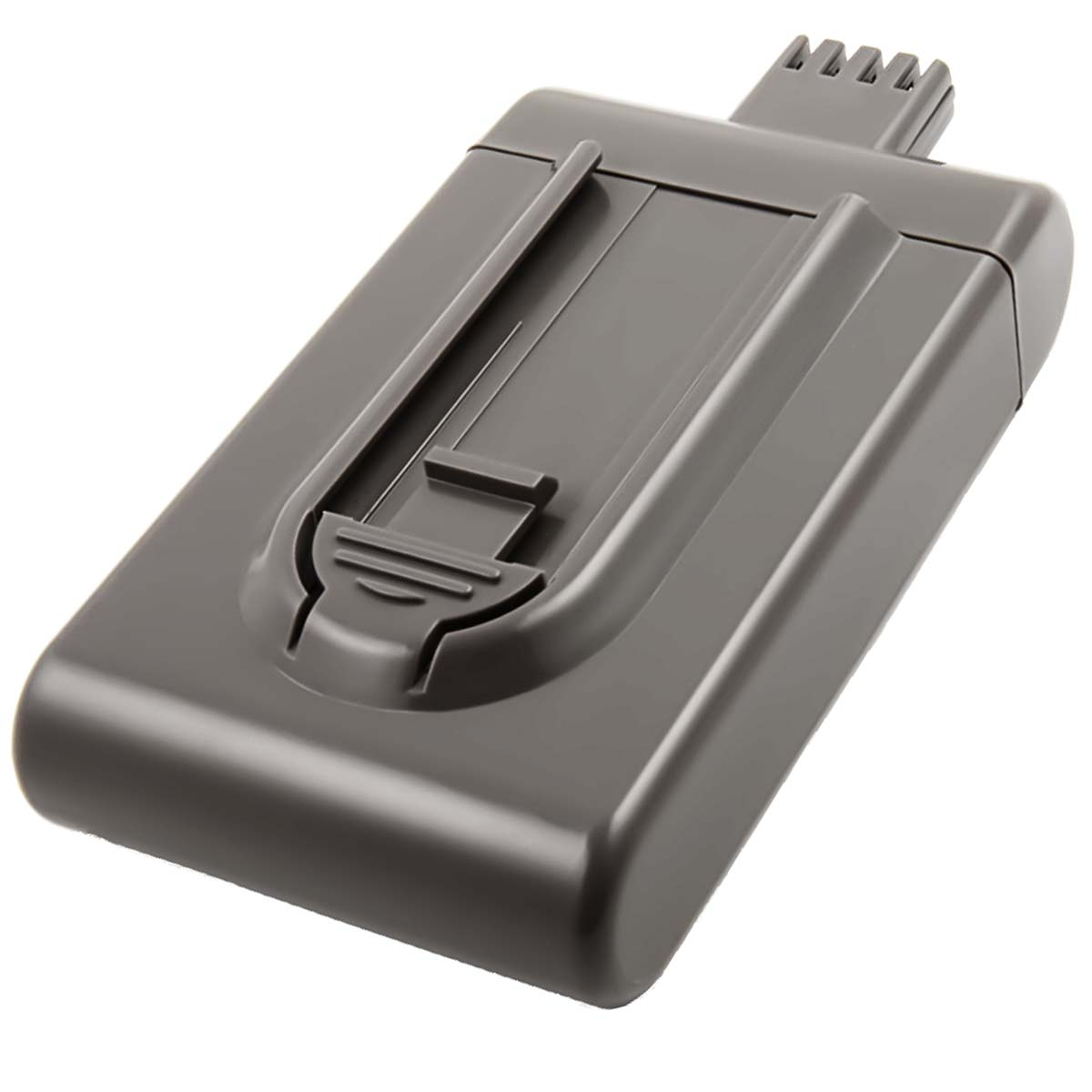 Batteria grigia per aspirapolvere con clip e contatti di ricarica.