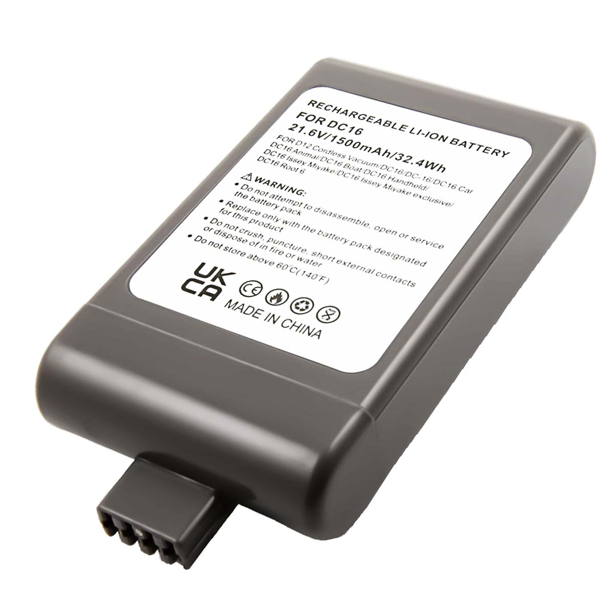 Batteria grigia DC16, 21.6V, con etichette di avvertenza e marchio CE.