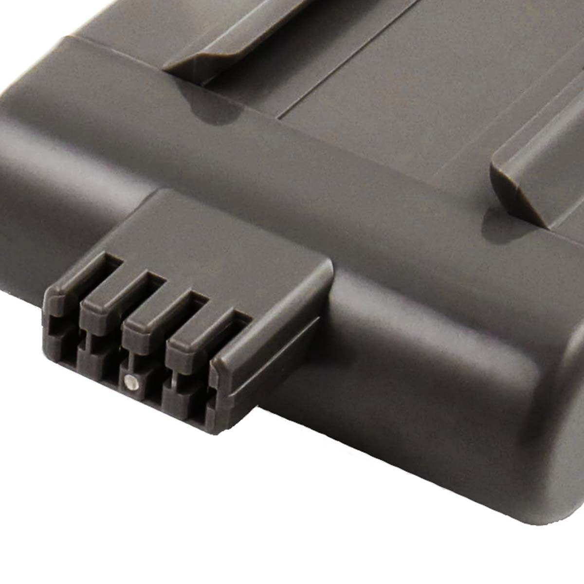 Pacco batteria grigio con contatti e scanalature sulla superficie.