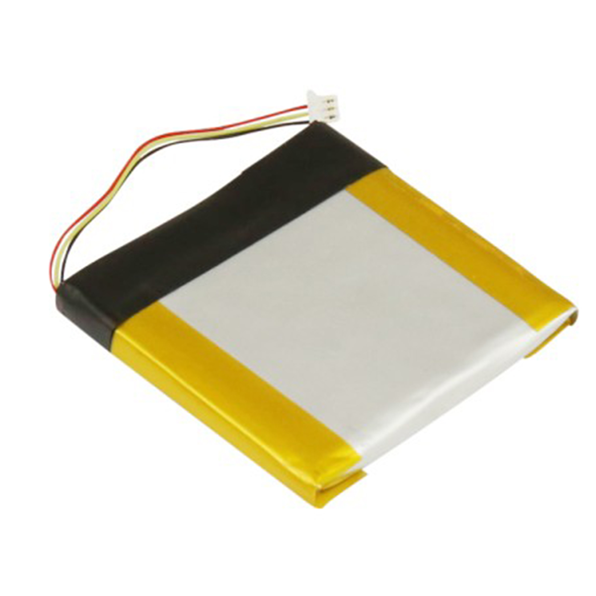 Una batteria piatta e rettangolare con sezioni gialle e bianche e bordi neri.