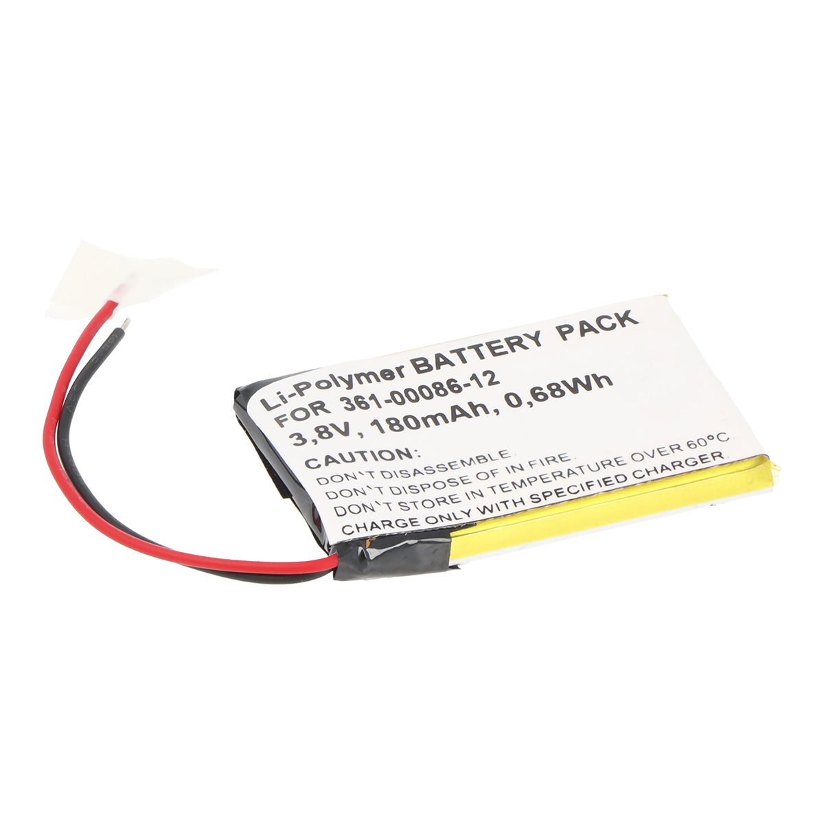 Un pacco batteria Li-Polymer, 3,8V, 180mAh, con cavi rosso e nero.