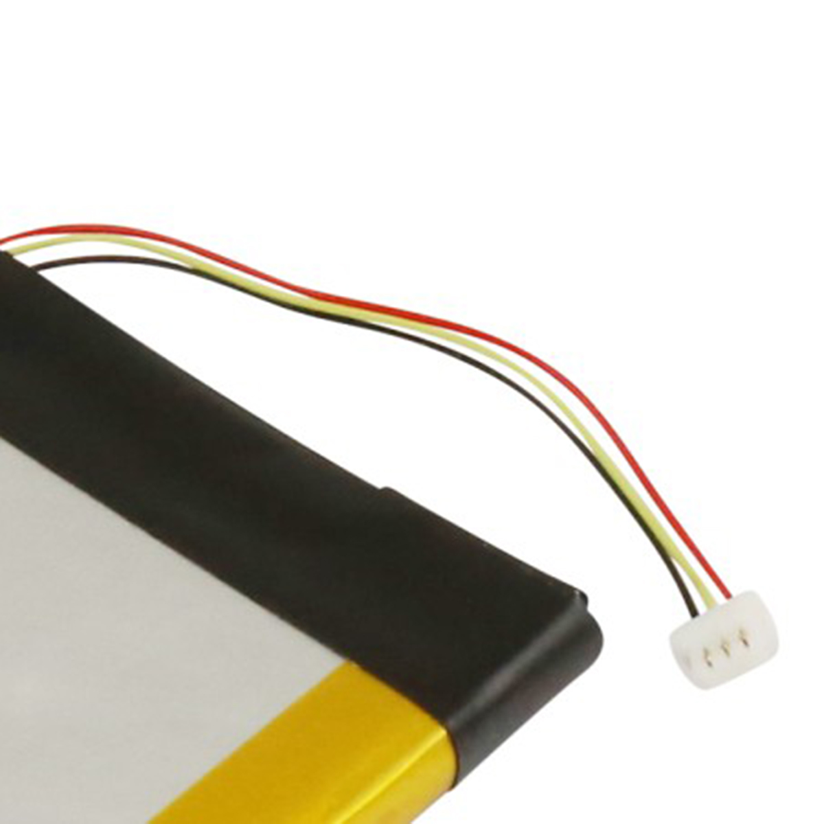 Parte di una batteria con fili nero, giallo e rosso e connettore bianco.