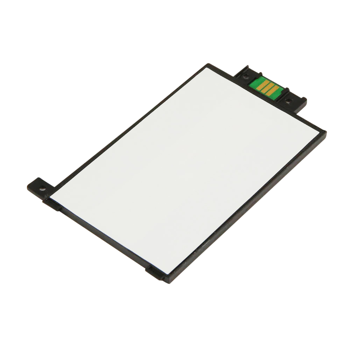 Una batteria bianca con cornice nera e connettore verde.
