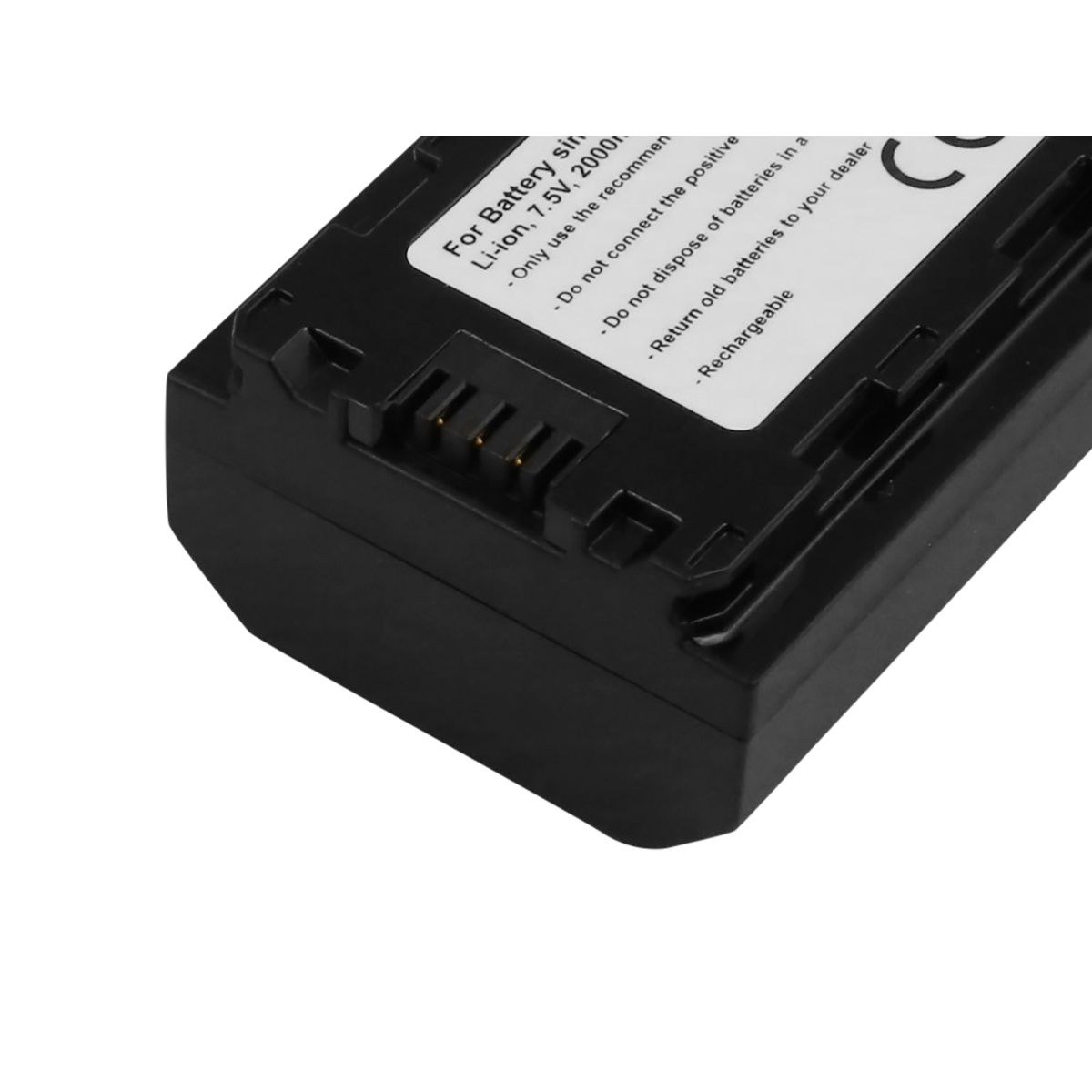 Pacco batteria nero agli ioni di litio con contatti dorati e testo di avviso.