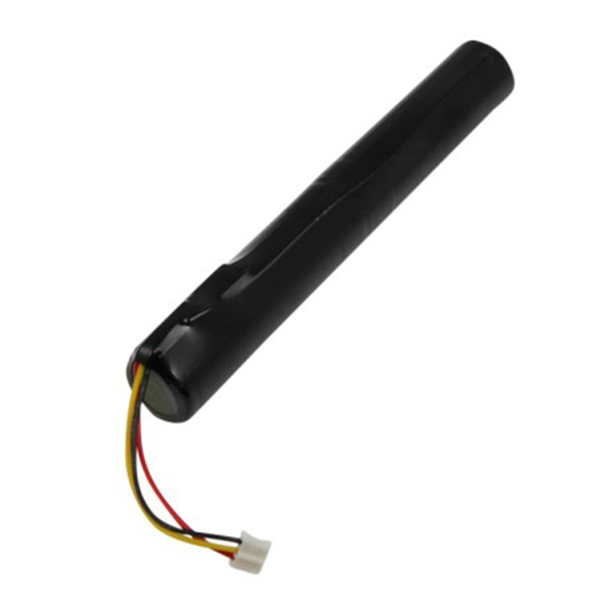 Batteria cilindrica nera con fili rosso, giallo e nero.