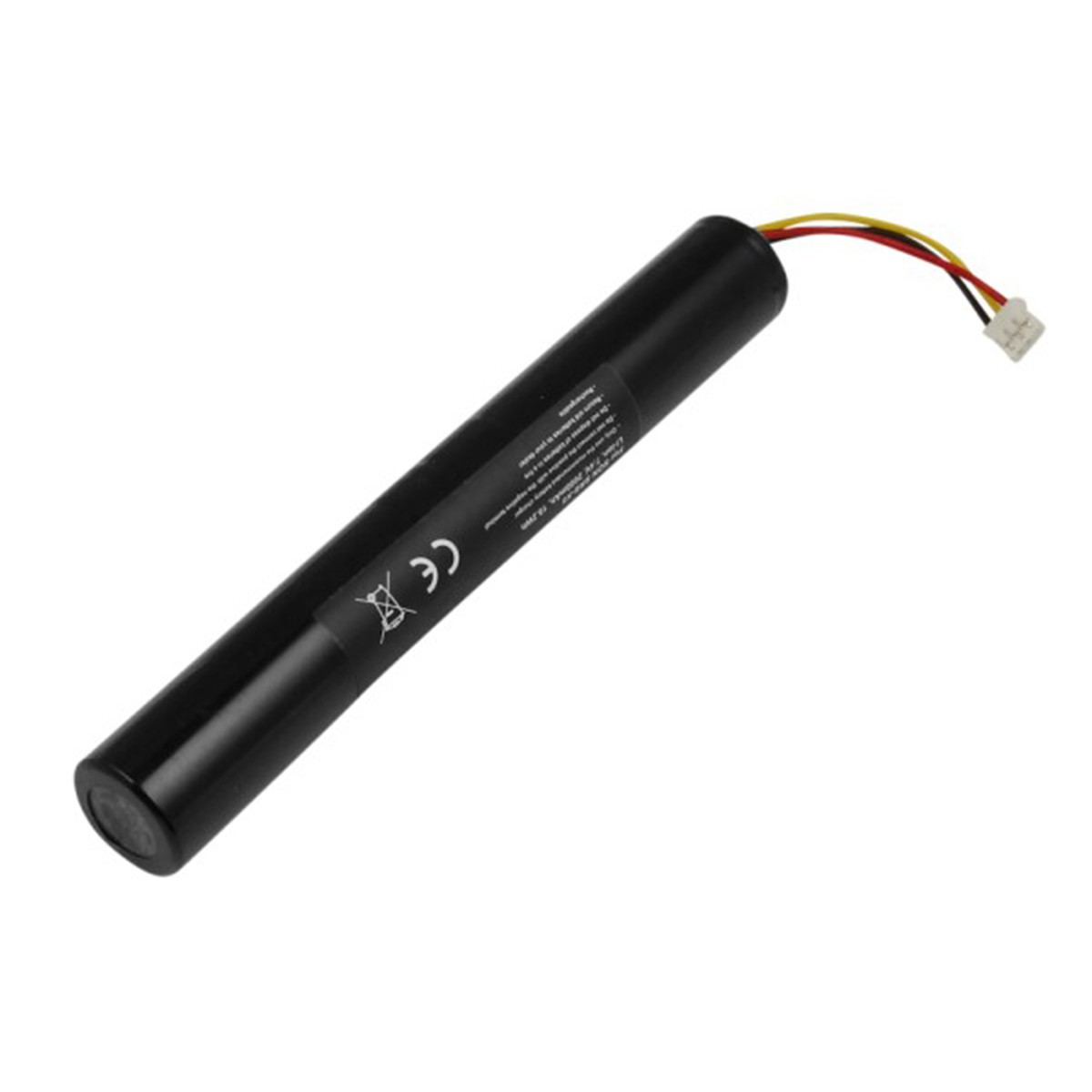 Una batteria cilindrica nera con cavi e connettore, marcatura CE.