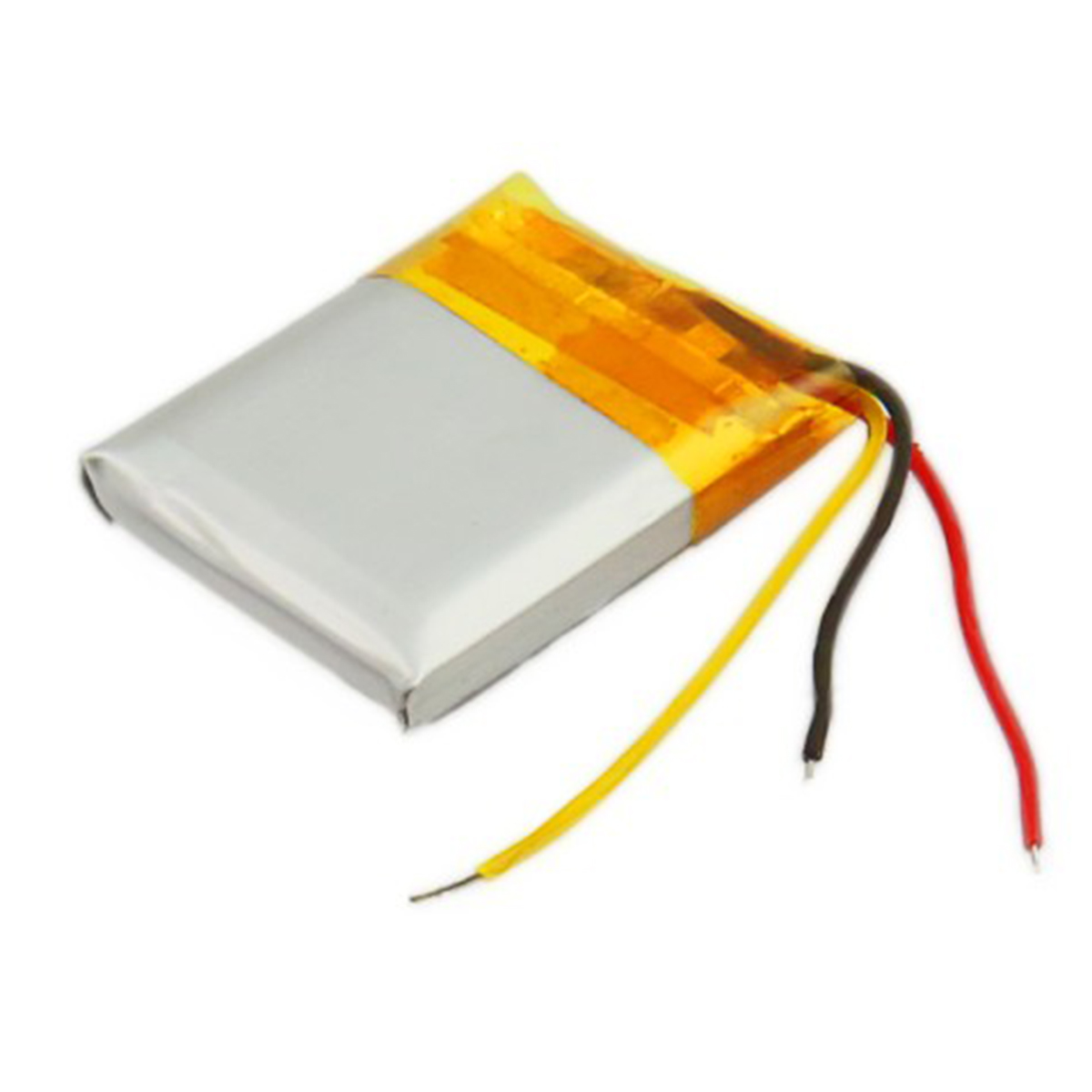Batteria compatta ai polimeri di litio con cavi giallo, nero e rosso.