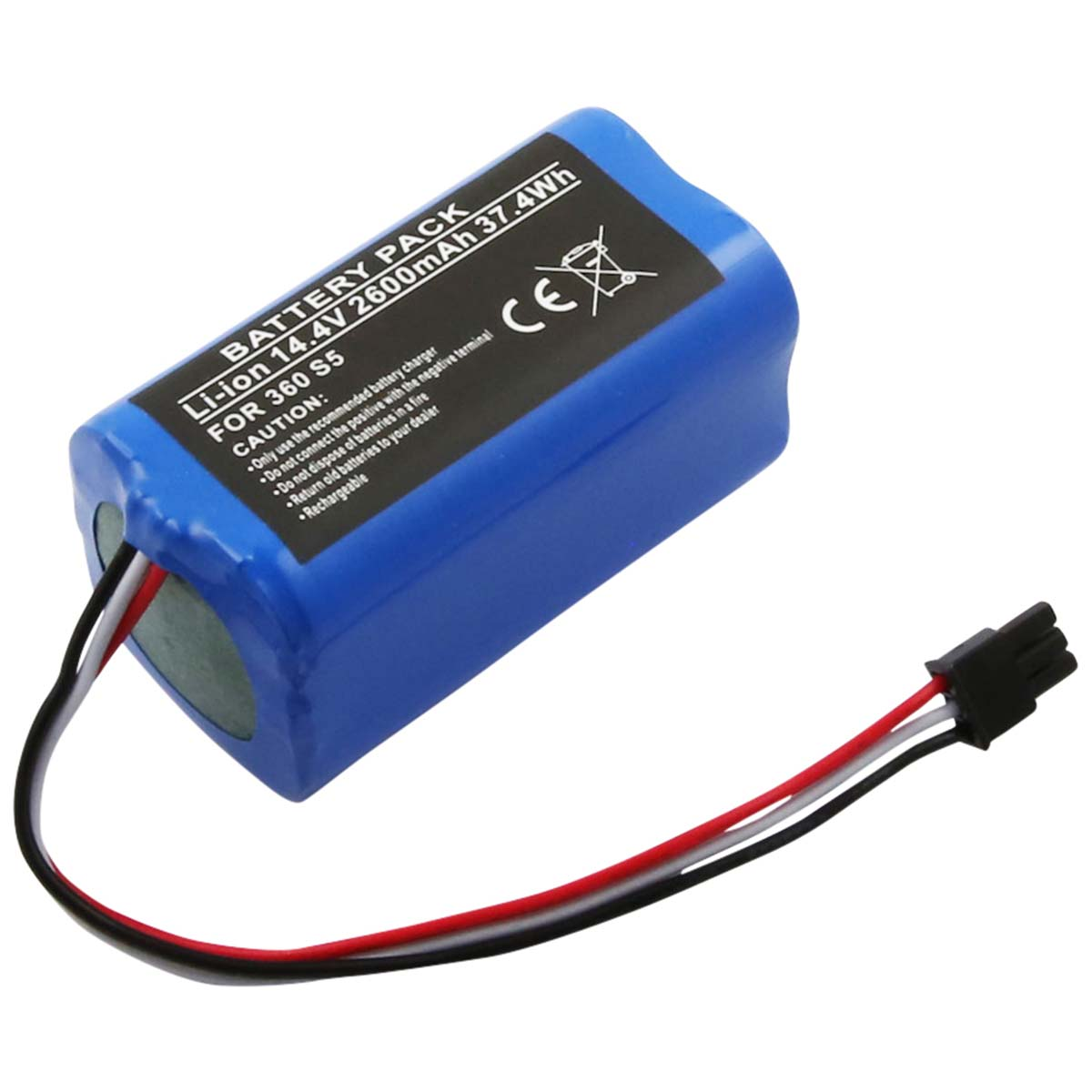 Un pacco batteria blu con cavi e connettore, etichettato 'BATTERY PACK'.