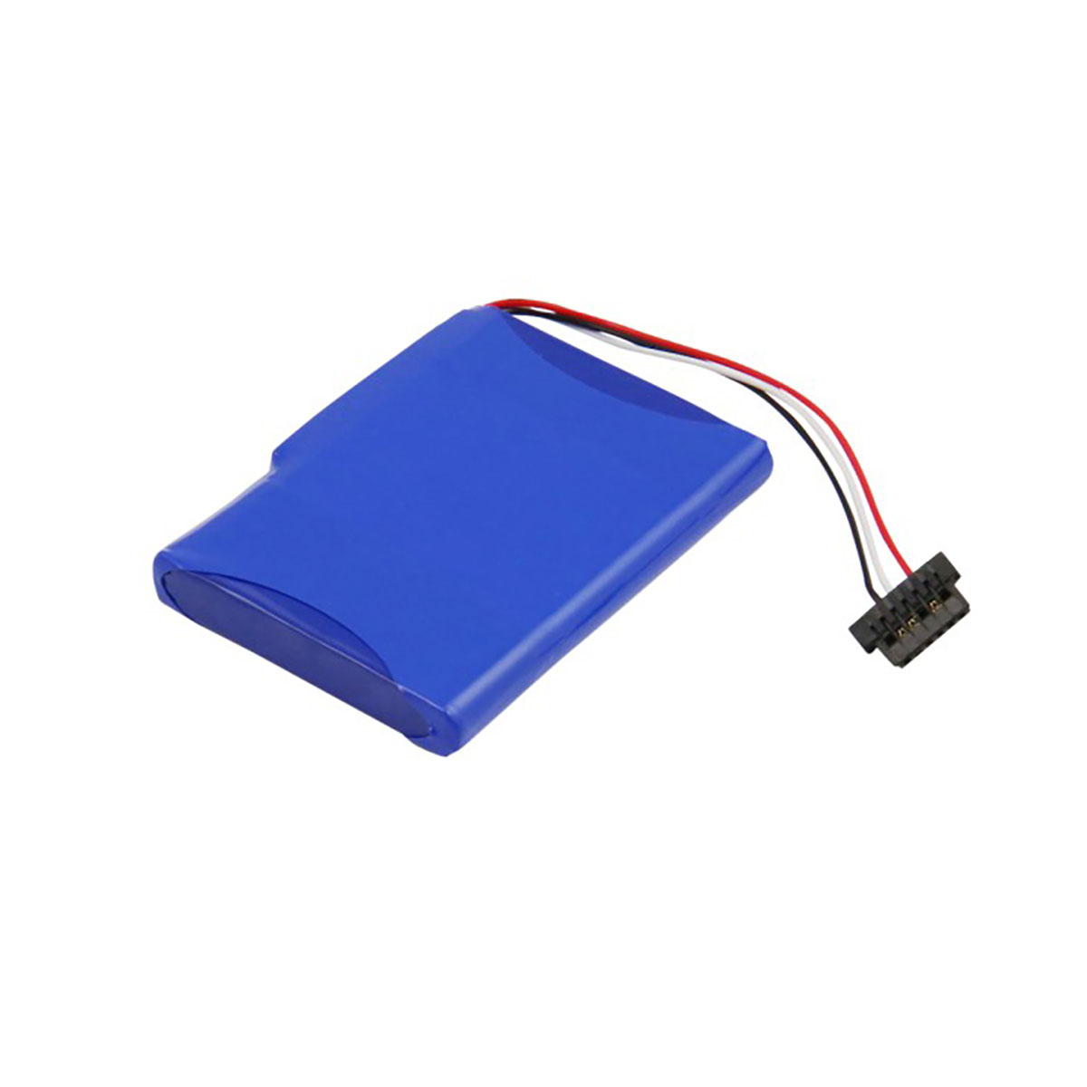 Pacco batteria blu con fili e connettore su sfondo bianco.