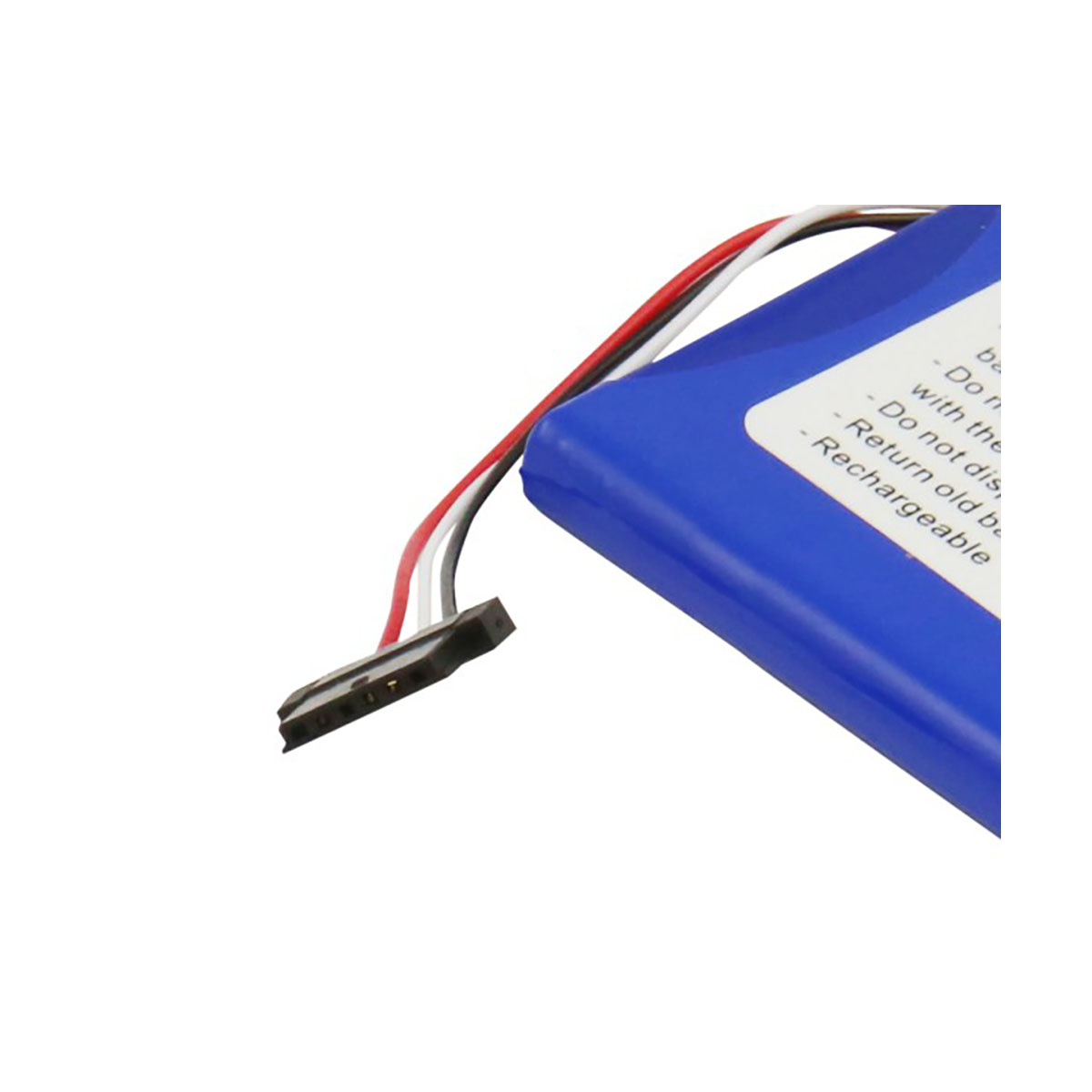 Batteria blu con cavo connettore ed etichette di avvertenza.