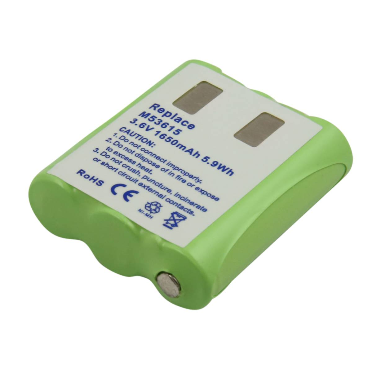 Batteria Ni-MH verde M53615, 3,6V, 1650mAh, con testo di avvertenza.