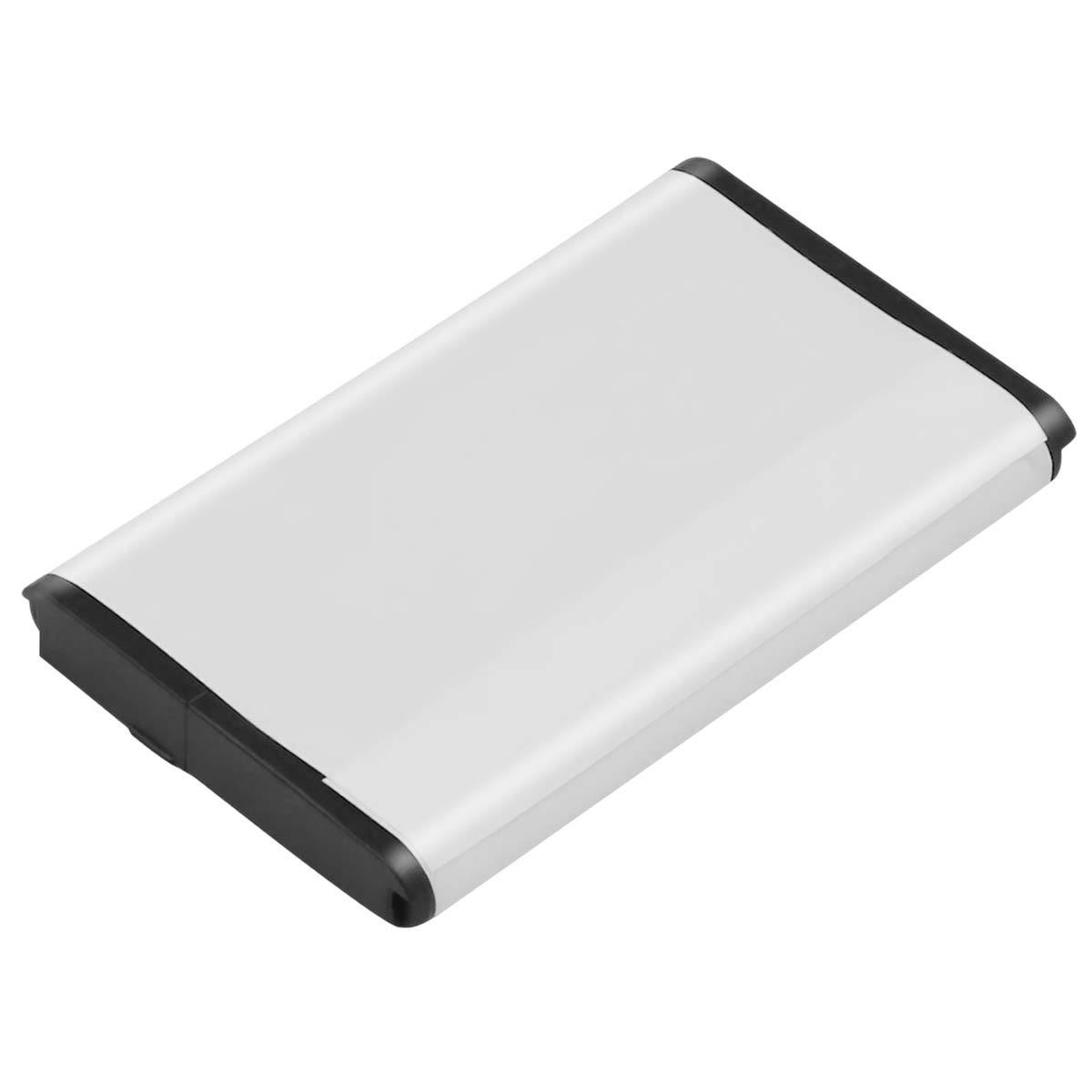 Un case per hard disk esterno bianco con bordi neri poggia su uno sfondo bianco.