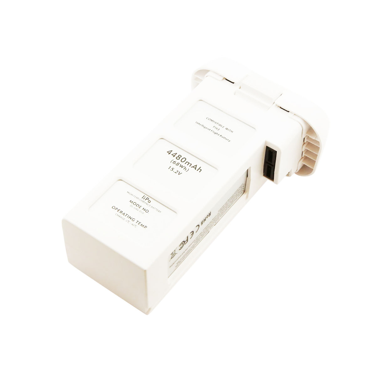 Batteria di volo intelligente bianca, 4480mAh, 15,2V, con etichette.