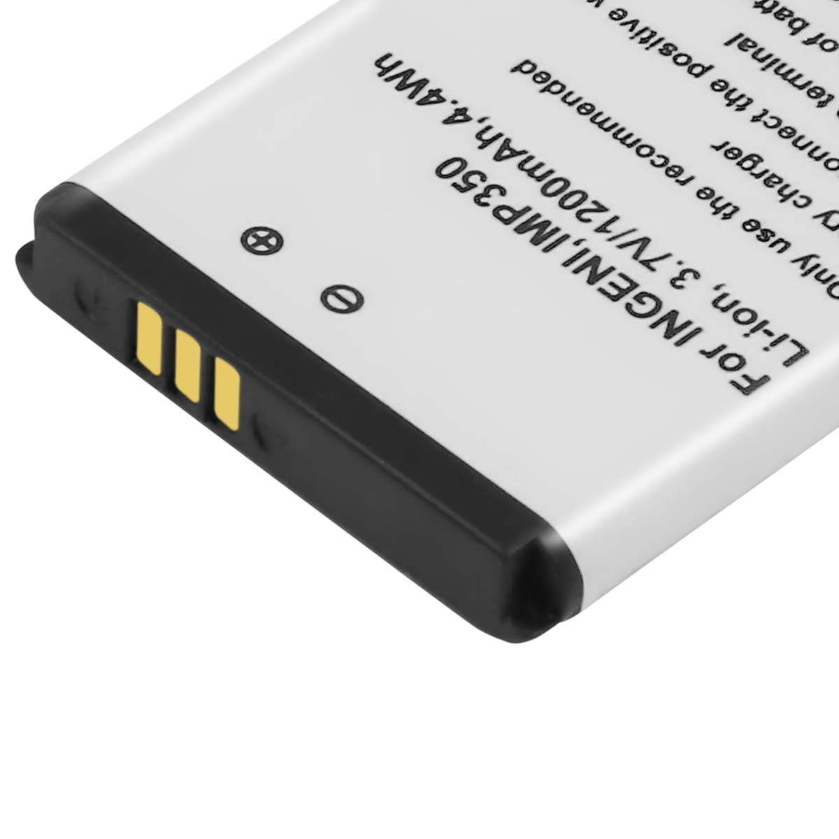 Una batteria bianca con bordo nero e contatti dorati.
