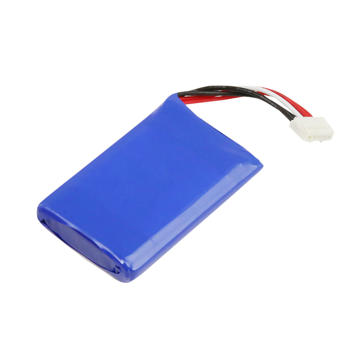 Batteria blu con cavi bianco, rosso e nero e connettore bianco.
