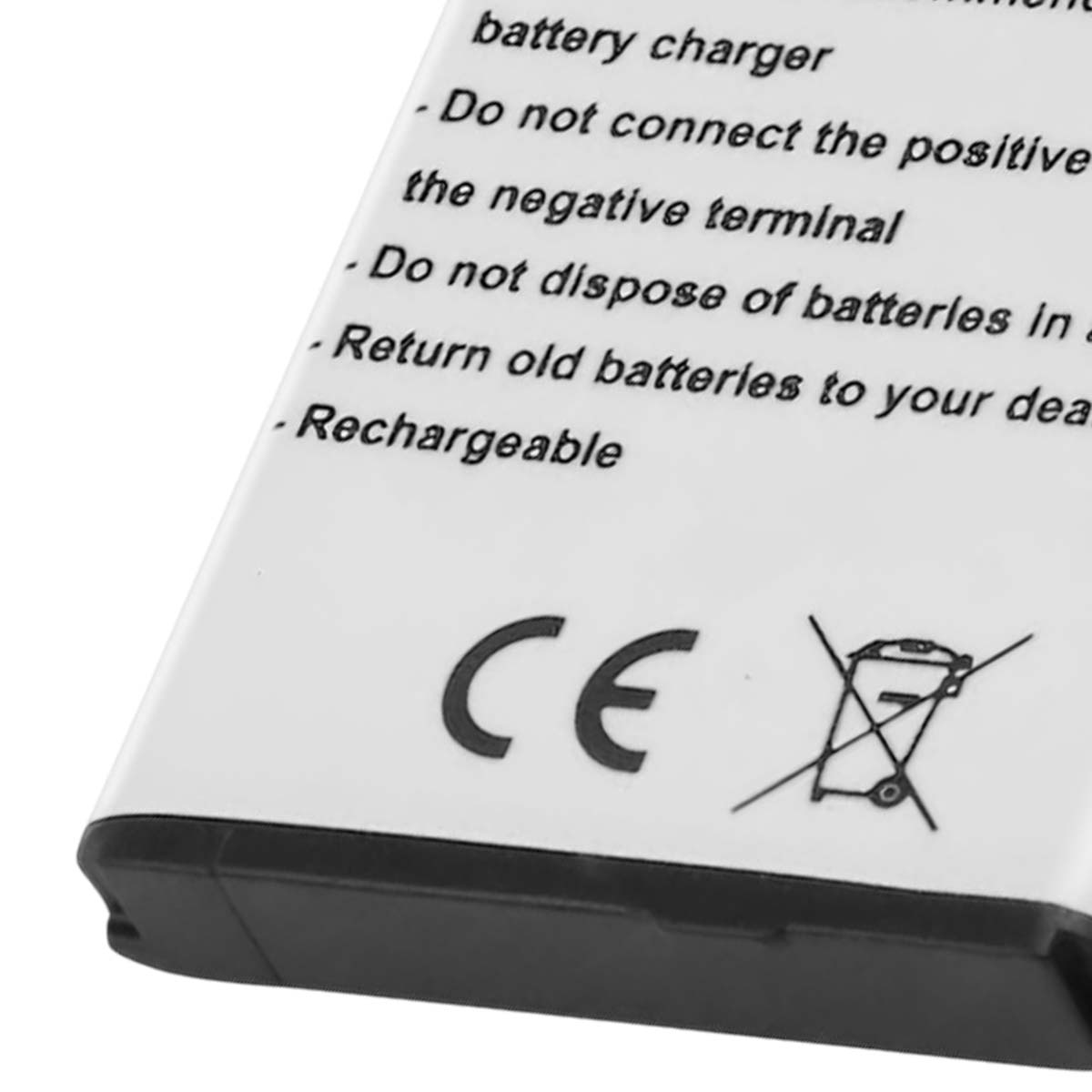 Primo piano di una batteria con simboli CE e cestino. Testo sulla ricarica.