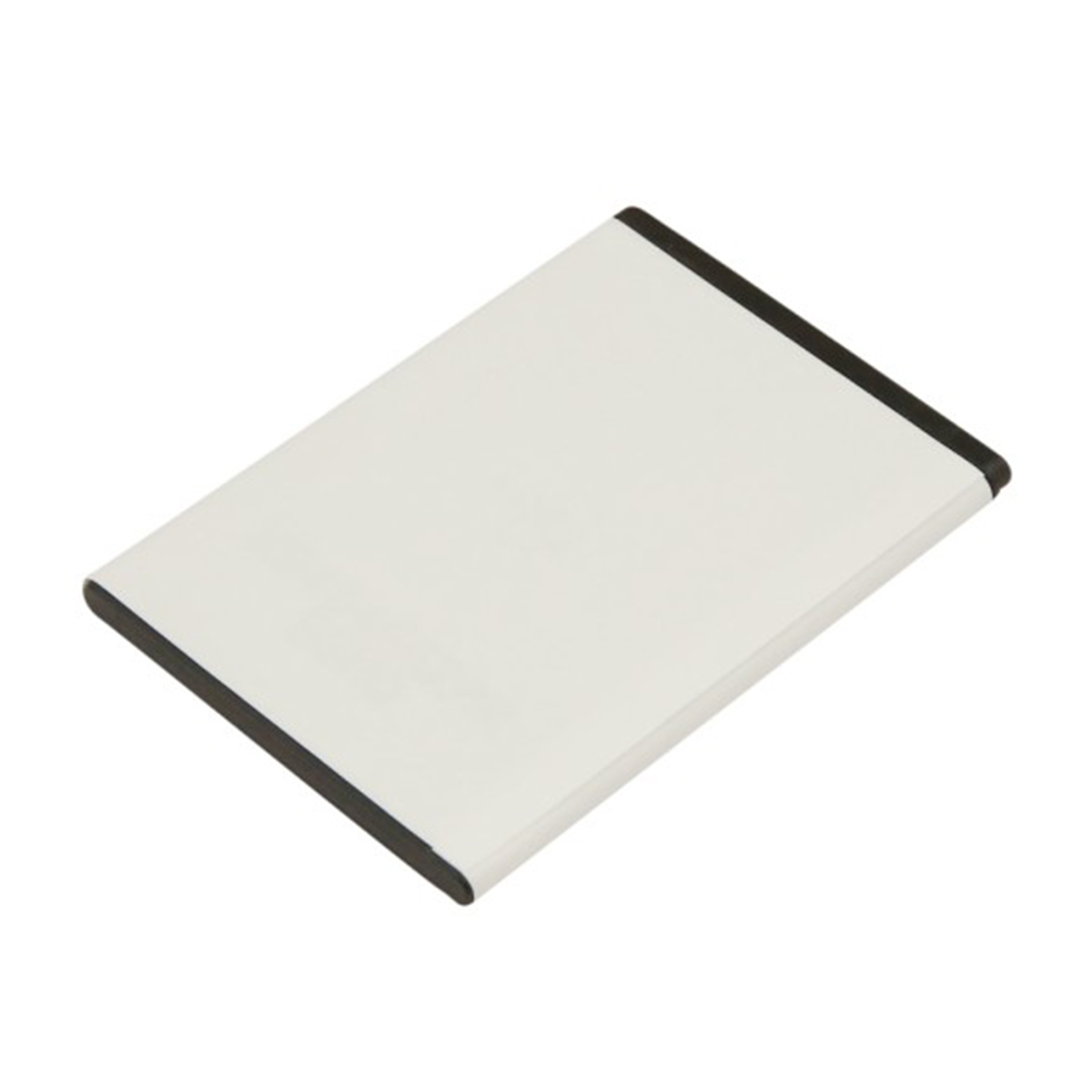 Una batteria bianca con bordo nero, su sfondo bianco.