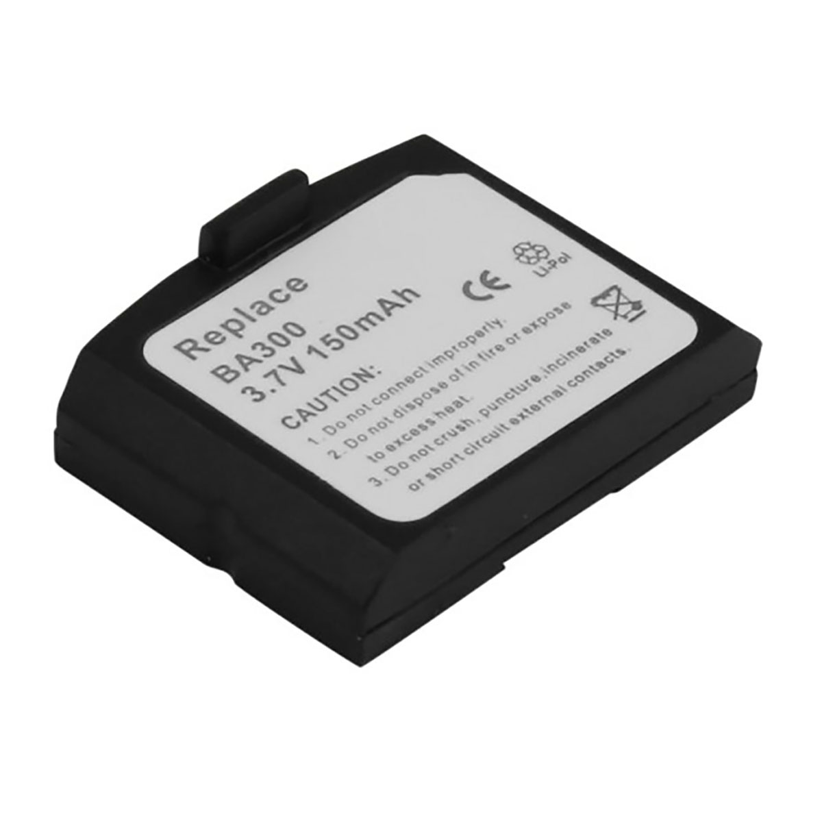 Una batteria nera etichettata BA300, 3,7V 150mAh con avvertenze.