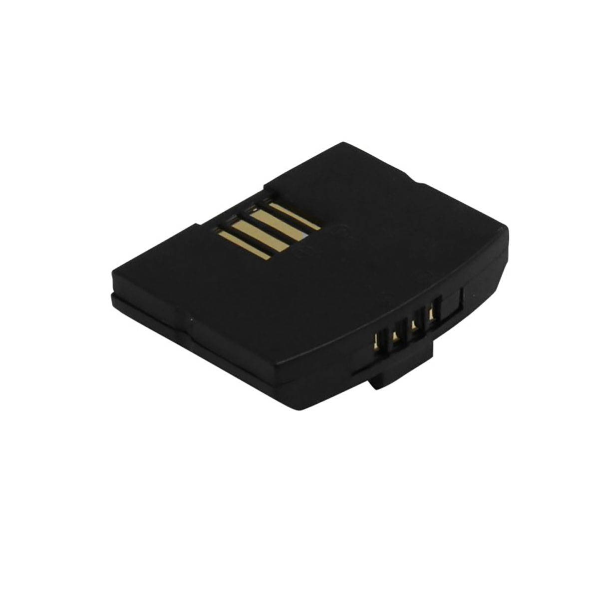 Una batteria nera con contatti dorati, vista ravvicinata.