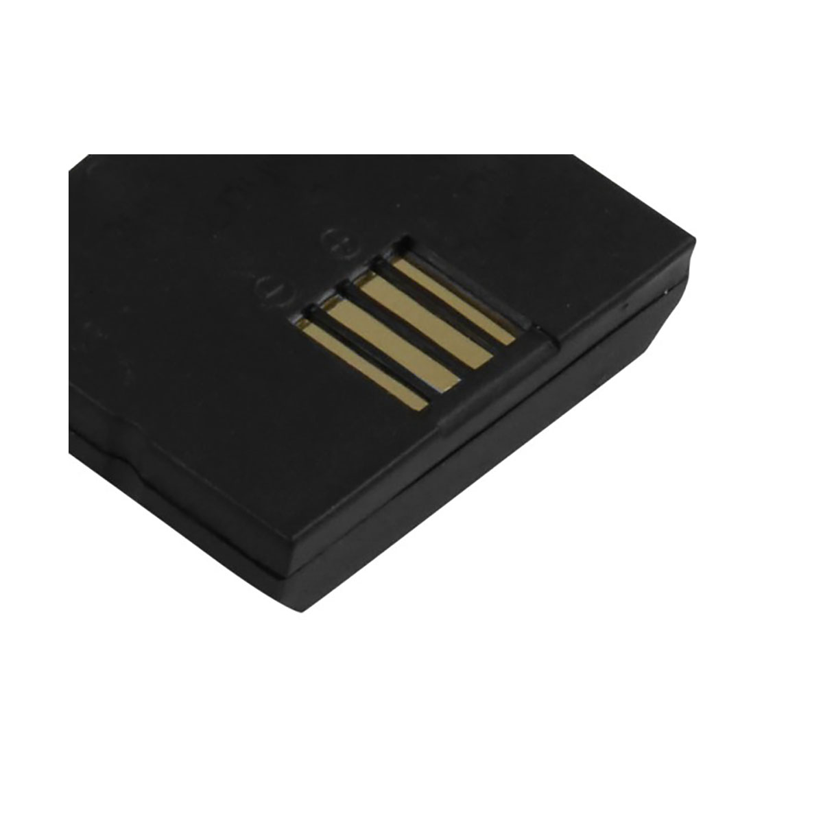 Batteria nera con contatti dorati, primo piano.
