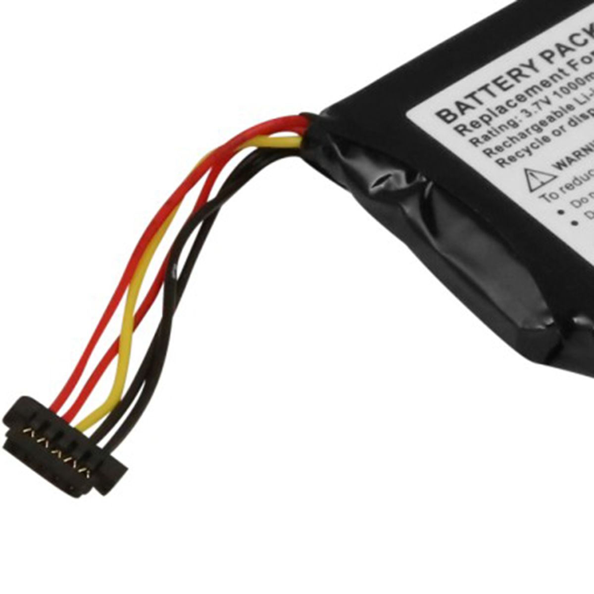 Pacco batteria bianco e nero con fili rosso, giallo e nero e un connettore.