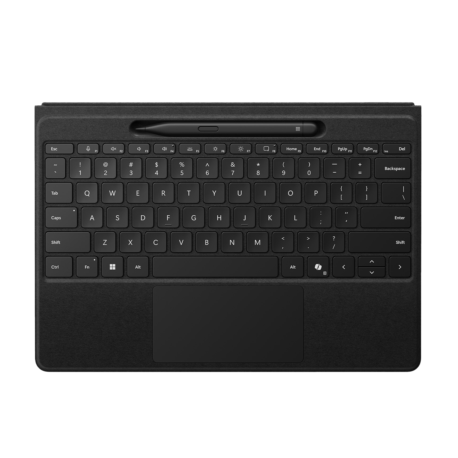 Tastiera nera con supporto per pennino in alto e touchpad in basso.