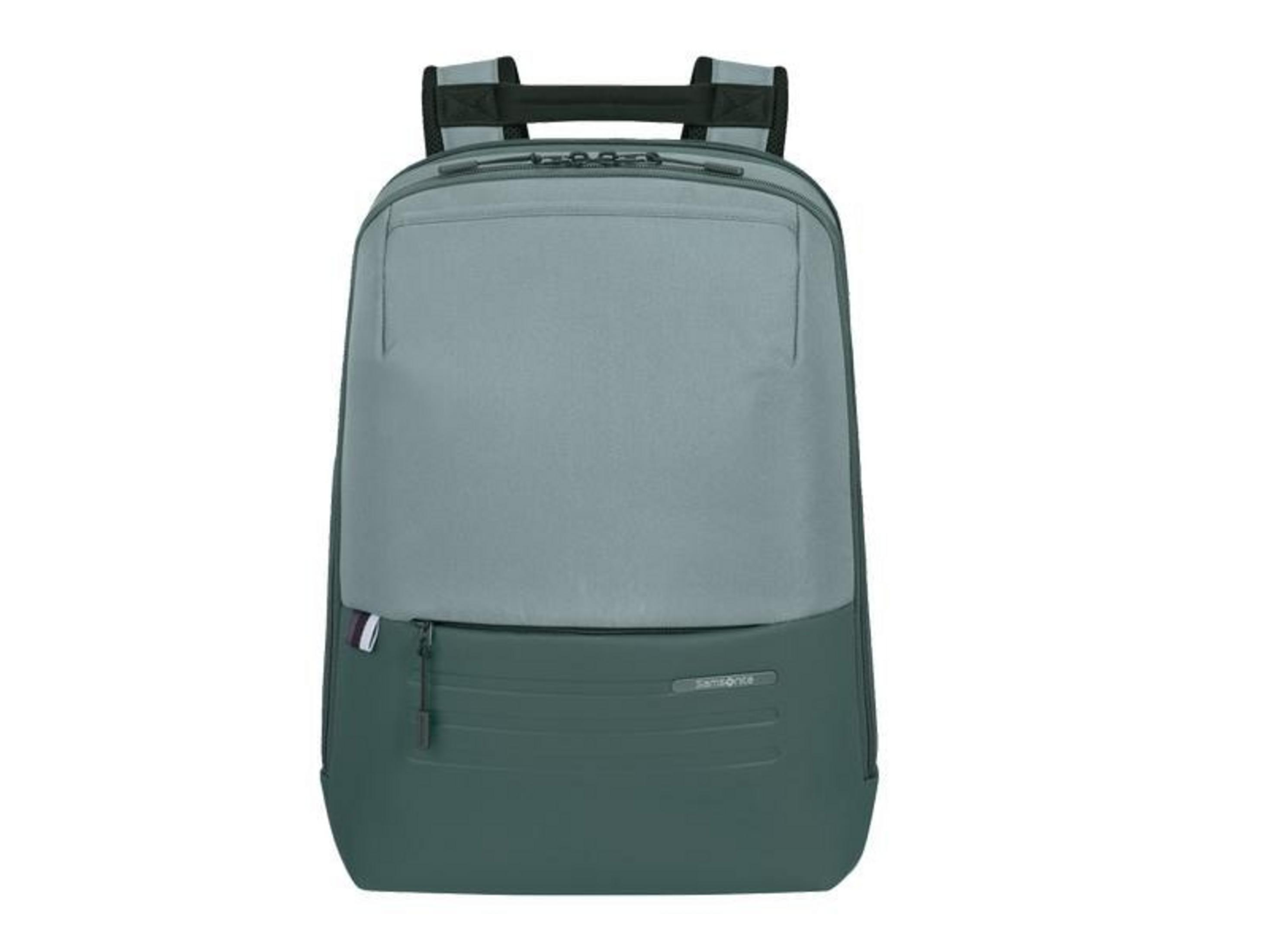 Ein zweifarbiger Rucksack in Grau und Dunkelgrün mit Reißverschlusstasche.