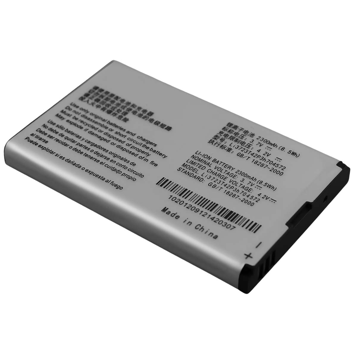 Una batteria agli ioni di litio grigia con dettagli tecnici e avvertenze.