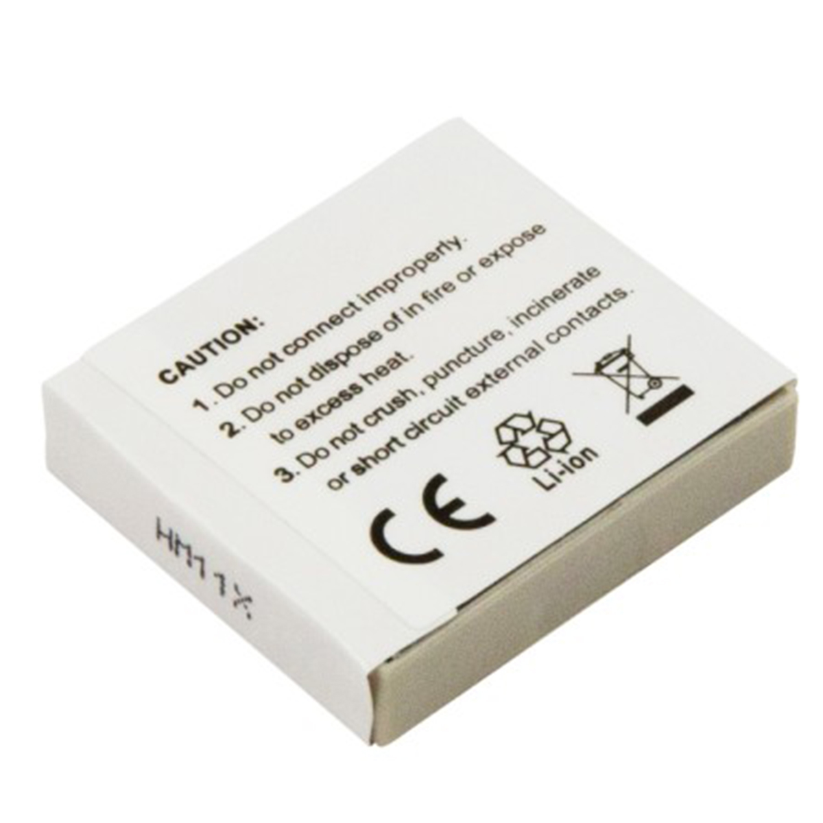 Un pacco batteria Li-ion bianco con testo di avvertenza, CE e simboli di riciclo.