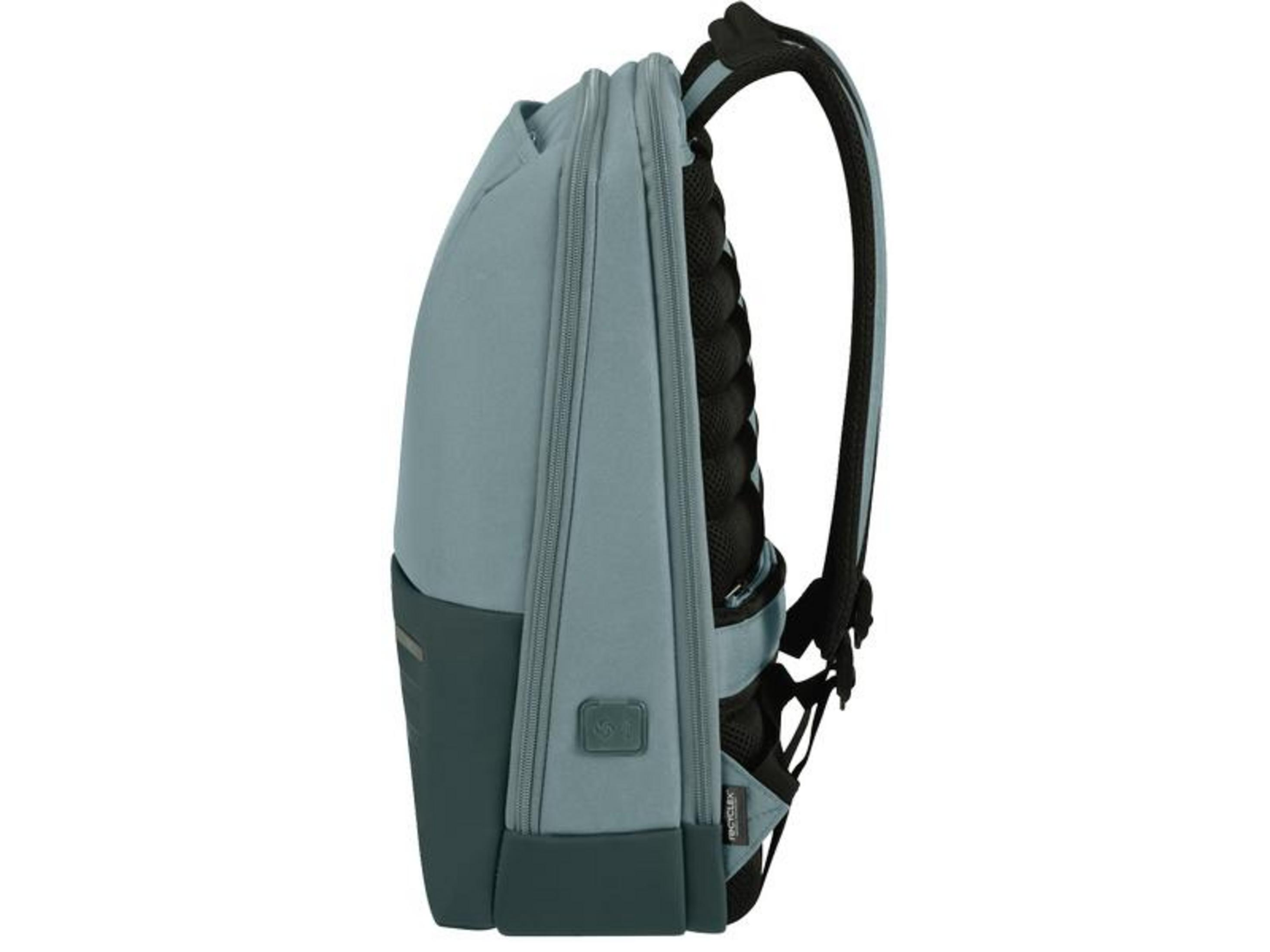 Grauer Rucksack mit schwarzen Gurten und Polsterung, seitliche Ansicht.