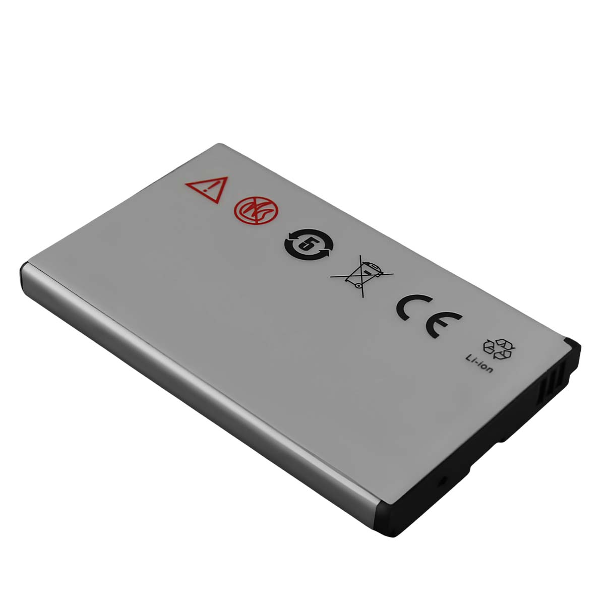 Batteria agli ioni di litio argentata con simboli di avvertenza, riciclo e CE.