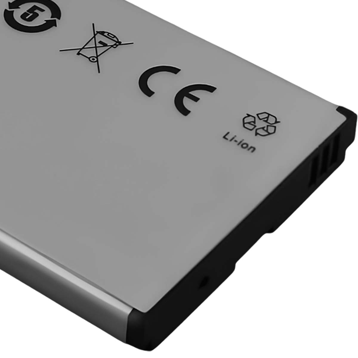 Batteria agli ioni di litio grigia con bordi e simboli neri.
