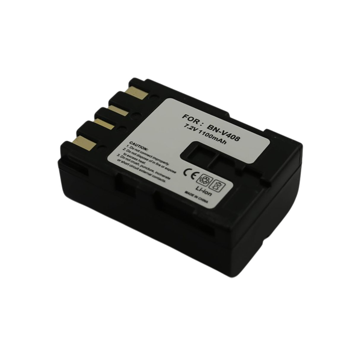 Batteria Li-ion nera BN-V408 7.2V 1100mAh con etichette di avvertenza, marchio CE.