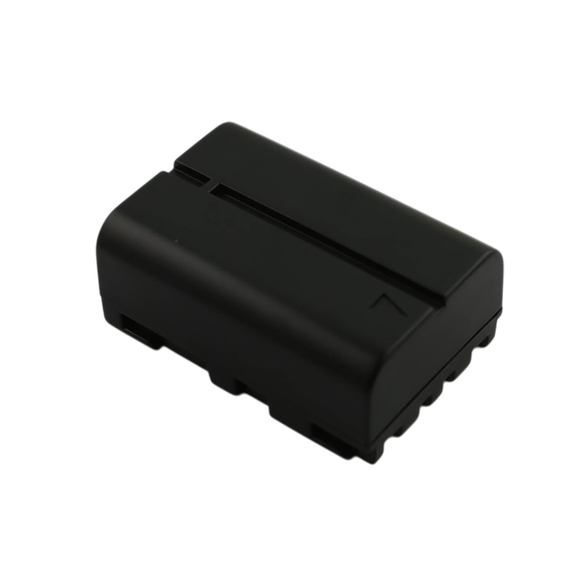 Una batteria nera con un meccanismo di aggancio sulla superficie superiore.