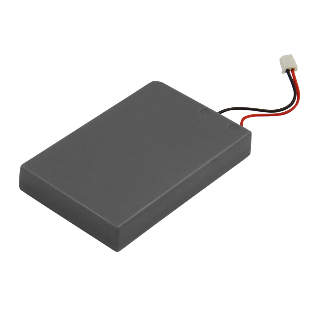 Pacco batteria grigio con cavi rosso e nero e connettore bianco.