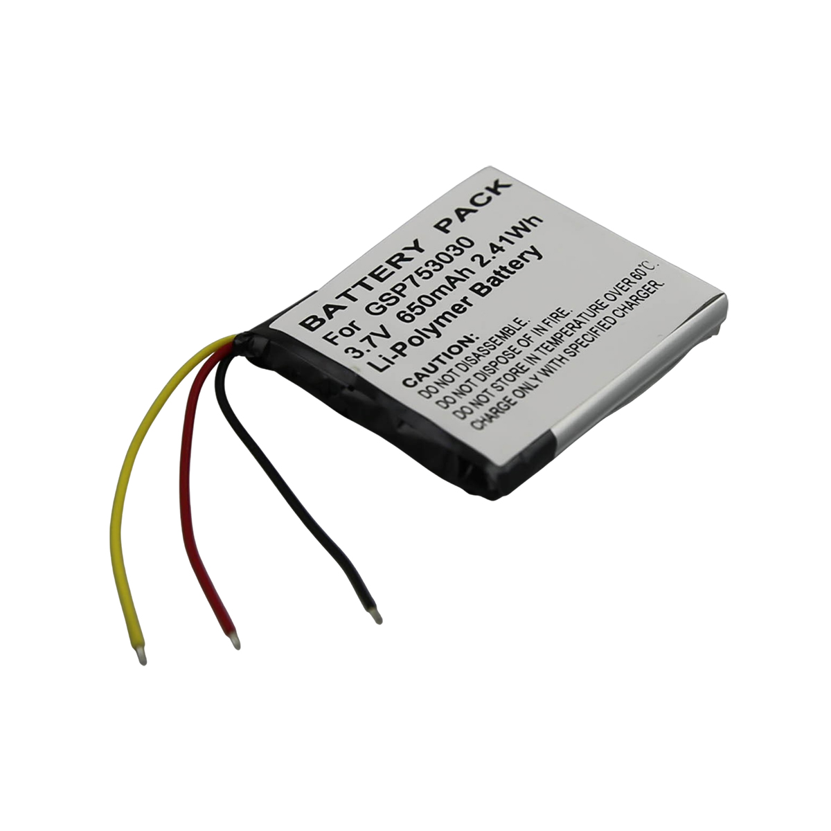 Pacco batteria Li-Polymer con tre fili: giallo, rosso e nero. Etichettato 3,7 V, 650 mAh.