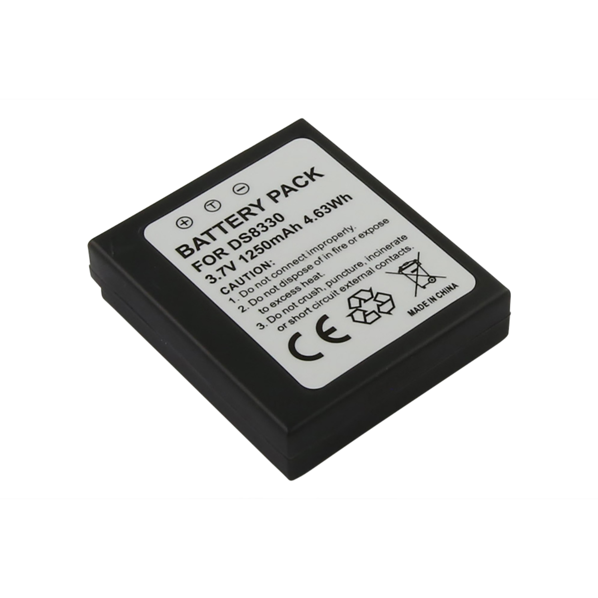 Batteria nera per DS8330, 3,7V 1250mAh, con simboli di cautela e marchio CE.