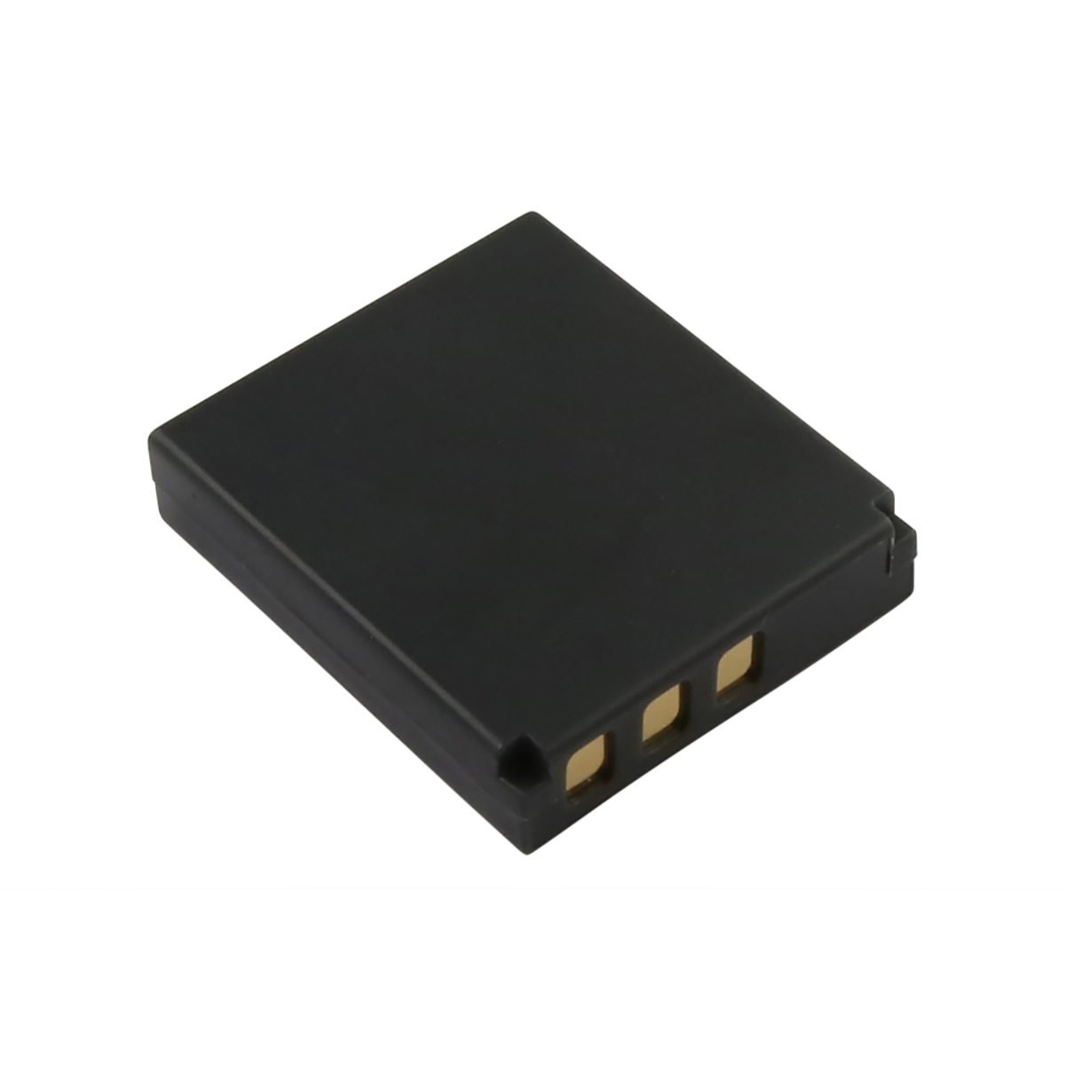 Batteria nera con tre contatti dorati su sfondo bianco.
