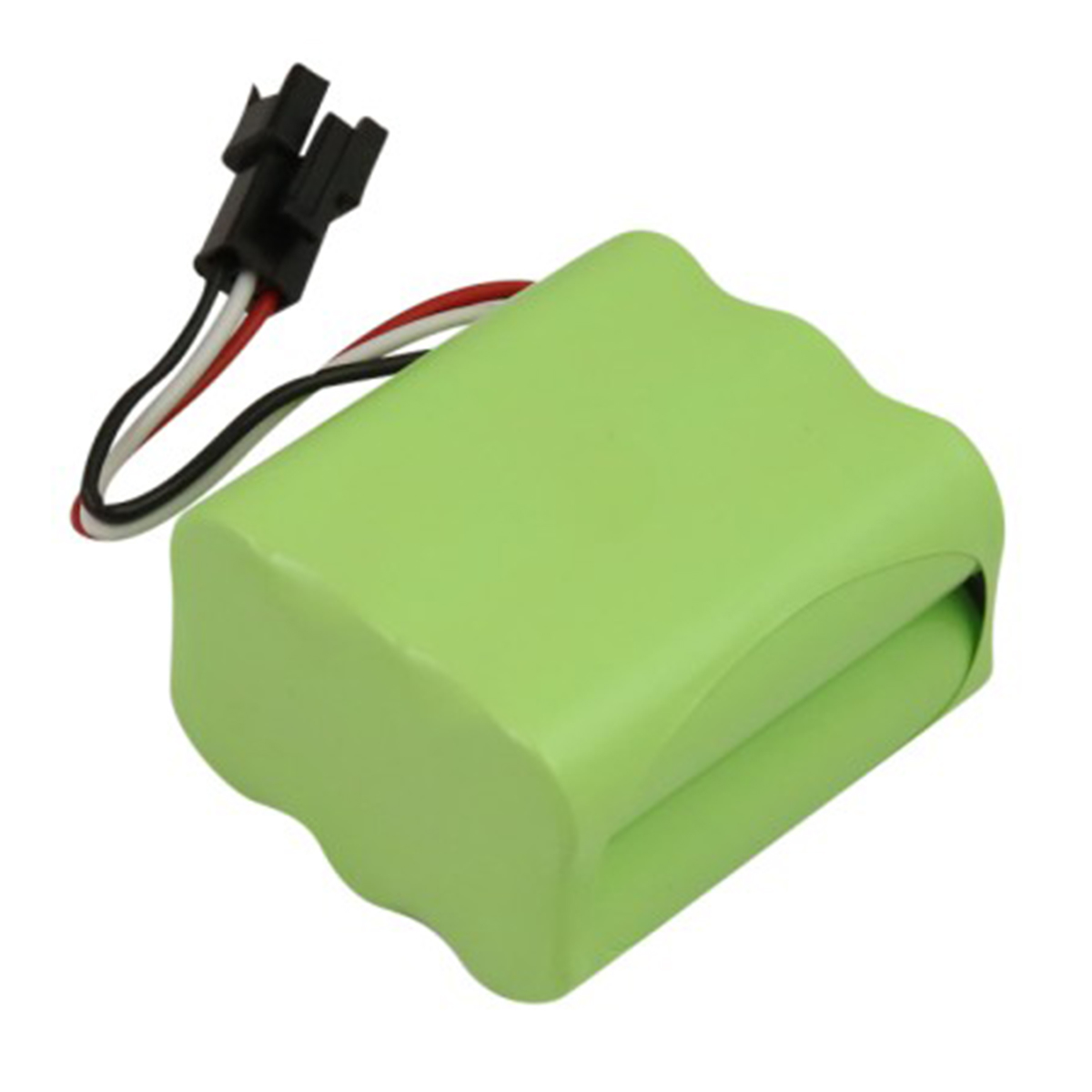 Pacco batteria verde con fili bianchi e neri e connettore nero.
