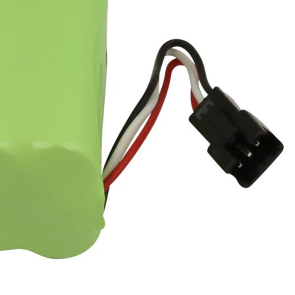 Batteria verde con tre cavi (nero, bianco, rosso) e un connettore nero.