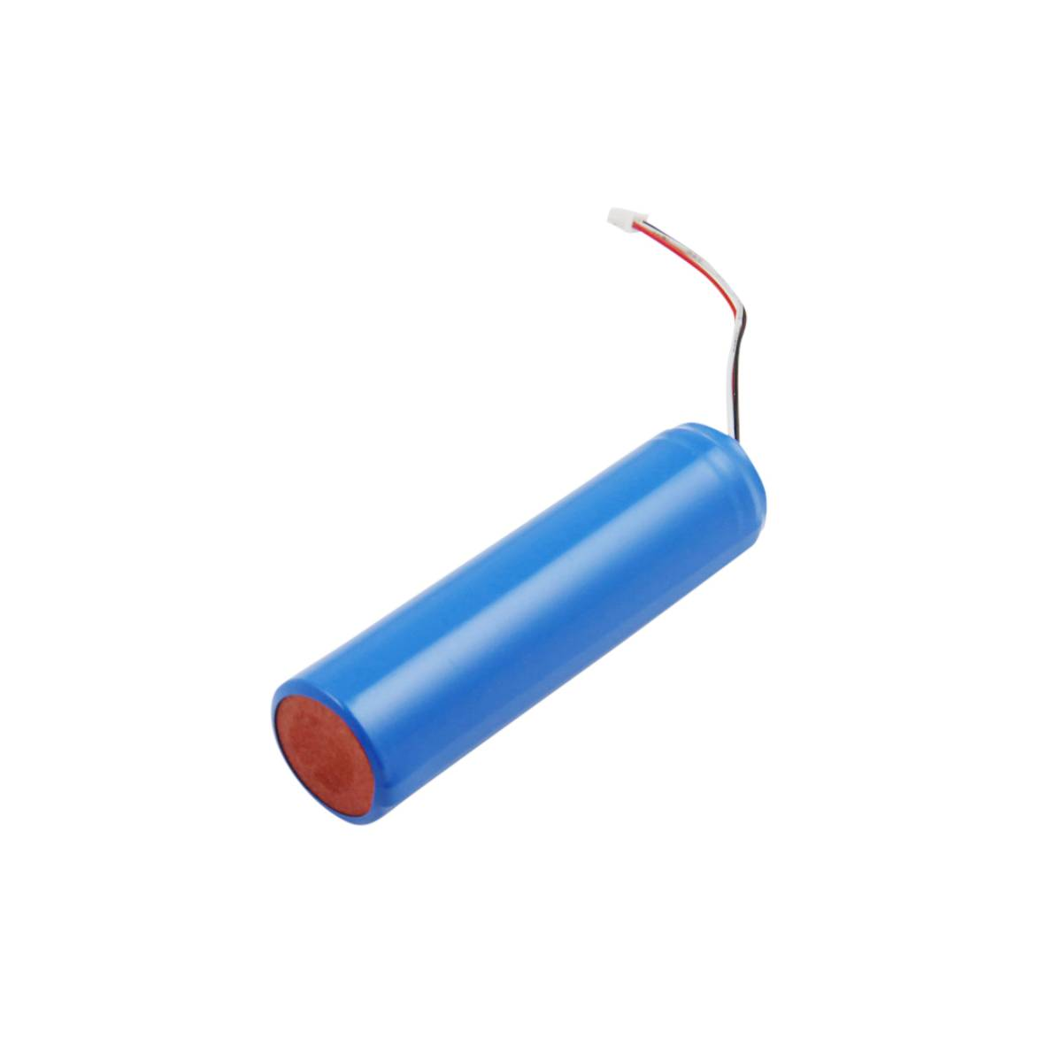 Batteria cilindrica blu con estremità rosse e fili.
