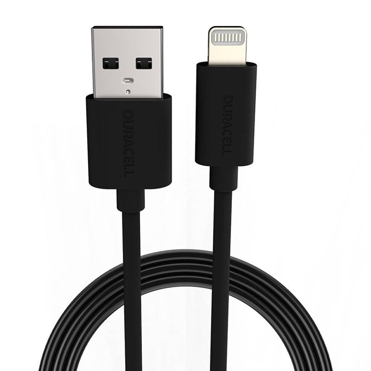 Gümüş USB-A konektörlü siyah Duracell USB-A - Lightning kablosu.
