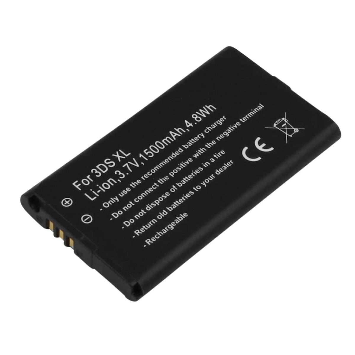 Batteria nera per 3DS XL, 3,7V, 1500mAh. Con avvertenze di sicurezza.