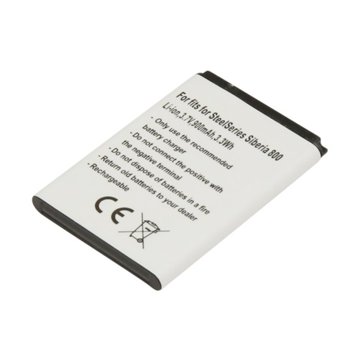 Una batteria bianca Li-ion per SteelSeries Siberia 800 con avvertenze.