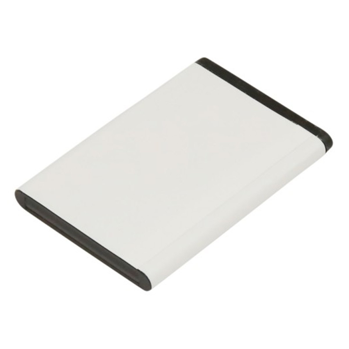 Una batteria bianca con bordo nero su sfondo bianco.