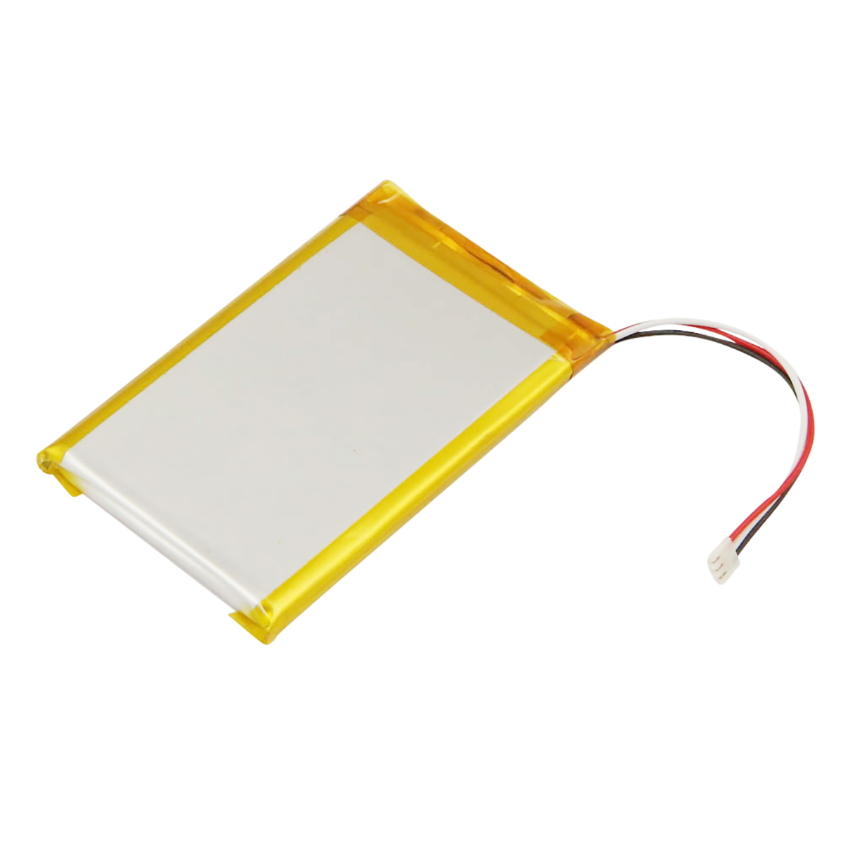 Batteria piatta ai polimeri di litio con bordo giallo e fili.