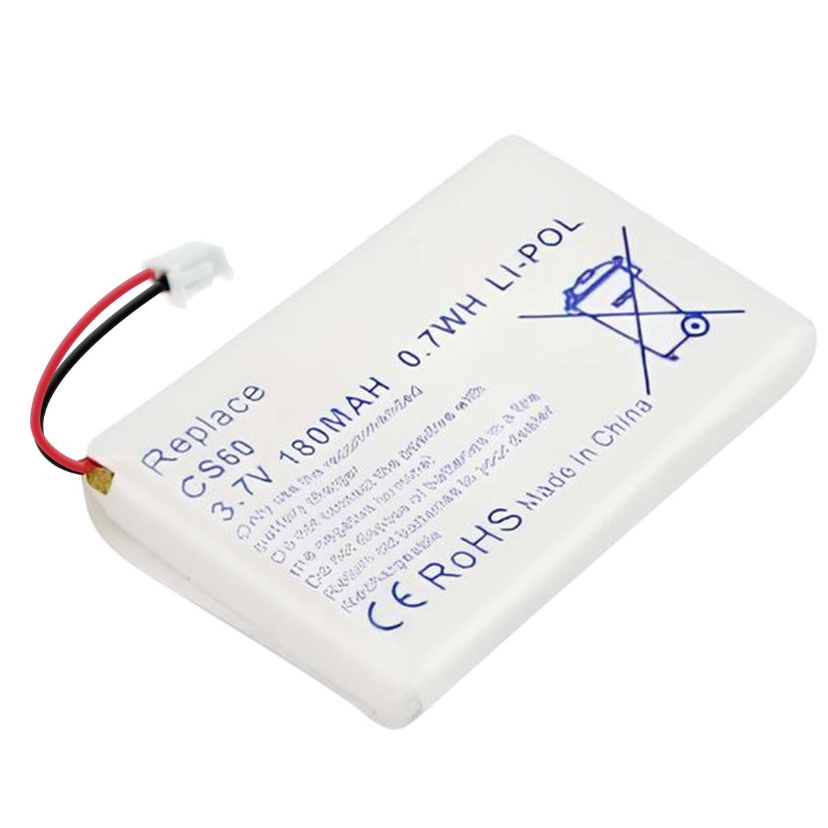 Batteria bianca Li-POL, 3,7V 180MAH, con cavo rosso e nero.