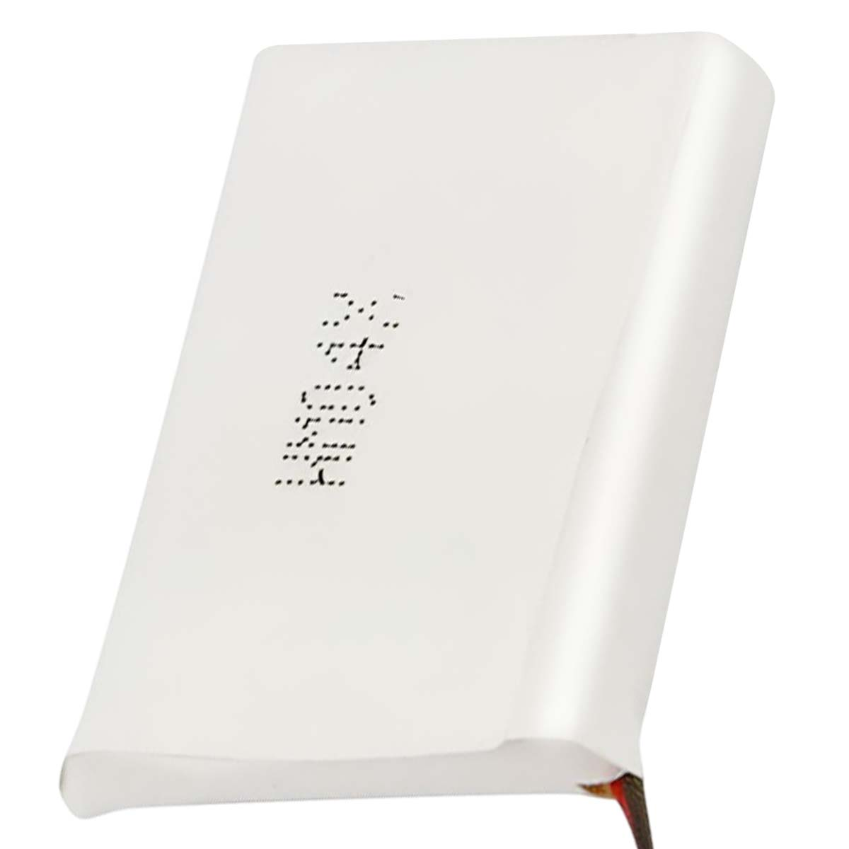 Un blocco bianco con testo braille nero e un filo sottile.