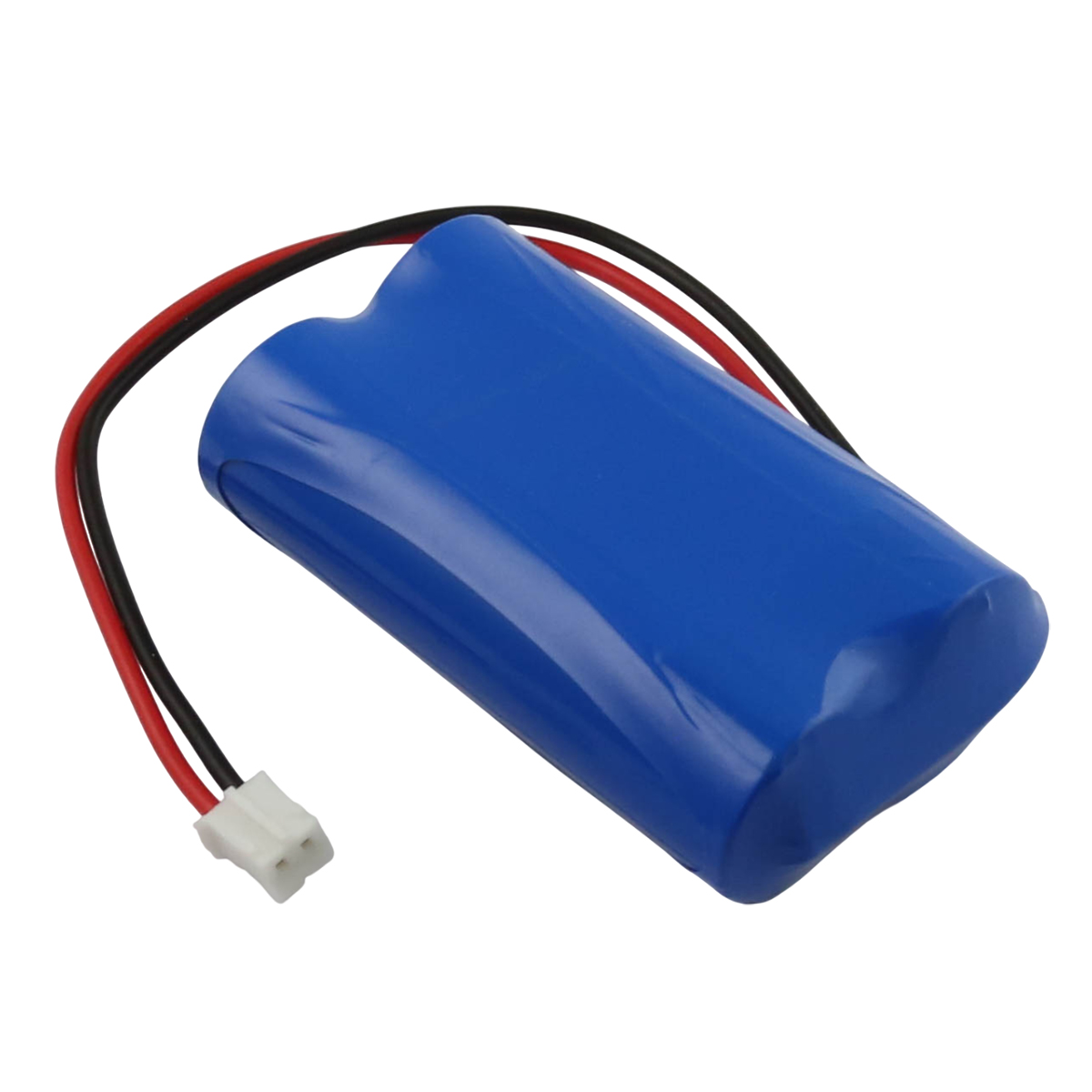Pacco batteria blu con cavi rosso e nero e connettore bianco.